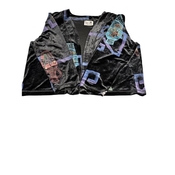 Vintage Copa Cabana Black Velvet Open Cardigan With Abstract Vase Print - Picture 7 of 9